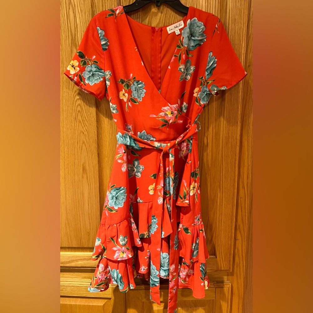 Nordstrom Love, Nickie Lew Orange Floral Faux Wrap Ruffle Mini‎ Dress Size 3